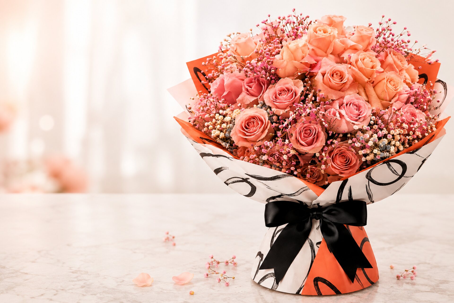 Bouquet di rose rosa e pesca su marmo bianco