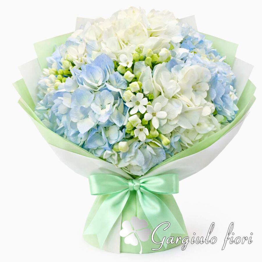 Bouquet di ortensie azzurre e bianche con fiocco verde menta